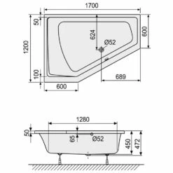 DUSCHOLUX Prime-Line 253 Raumsparwanne Asymmetrisch Einbau Ecke Links
