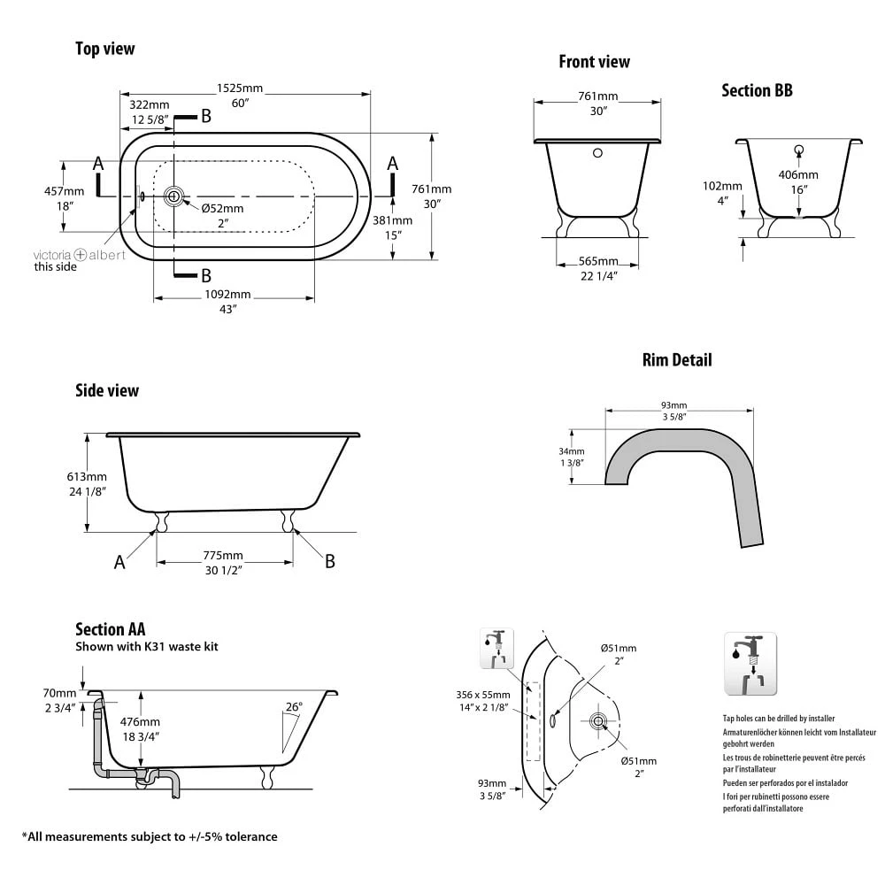 Victoria & Albert Wessex Freistehende Badewanne, Füße Metall Weiß 5 Victoria & Albert Wessex Freistehende Badewanne, Füße Metall Weiß – Bild 3