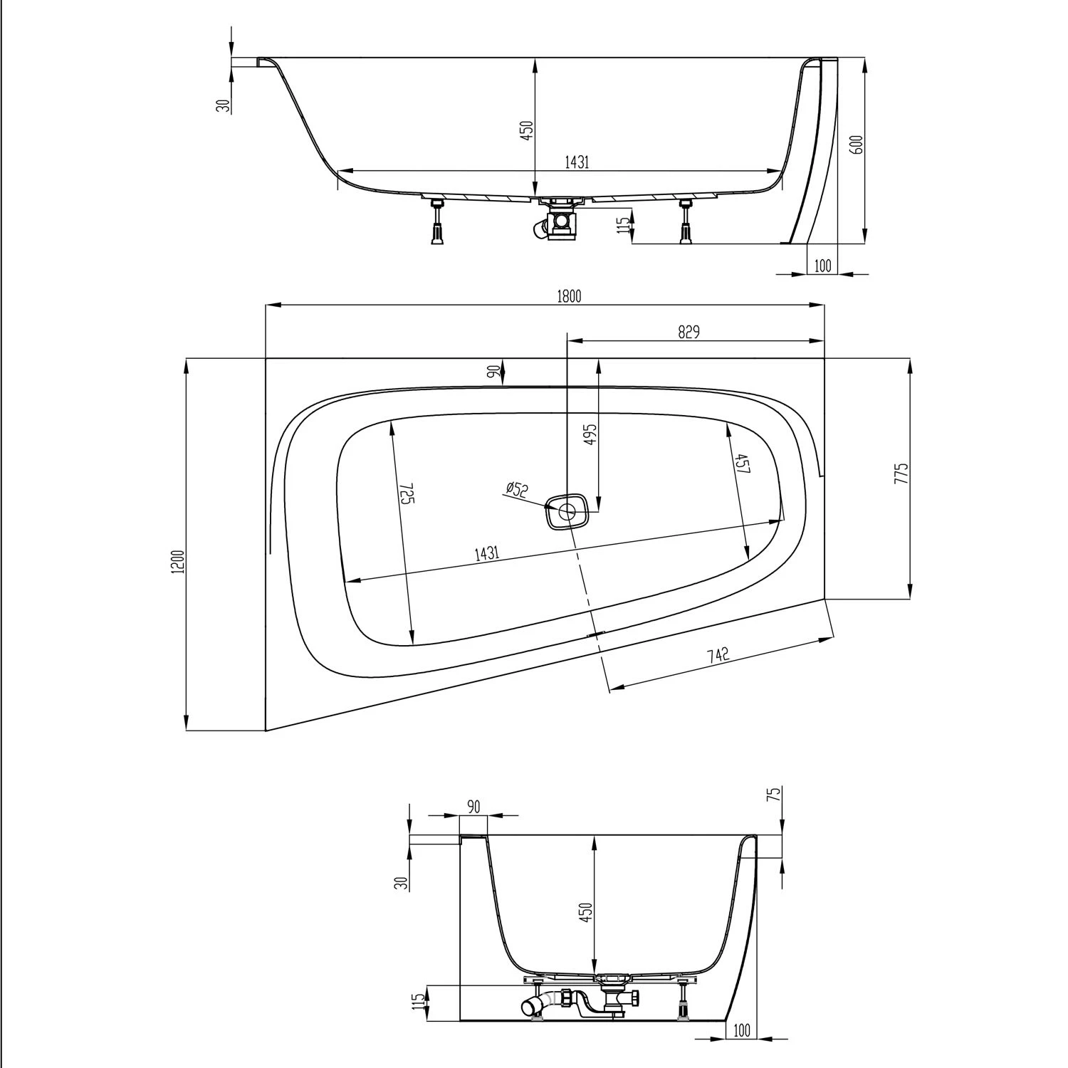 Hoesch ISensi Monoblock-Badewanne Rechts 180 X 120 Cm Mit Überlaufbefüllung Weiß 3 Hoesch ISensi Monoblock-Badewanne Rechts 180 X 120 Cm Mit Überlaufbefüllung Weiß