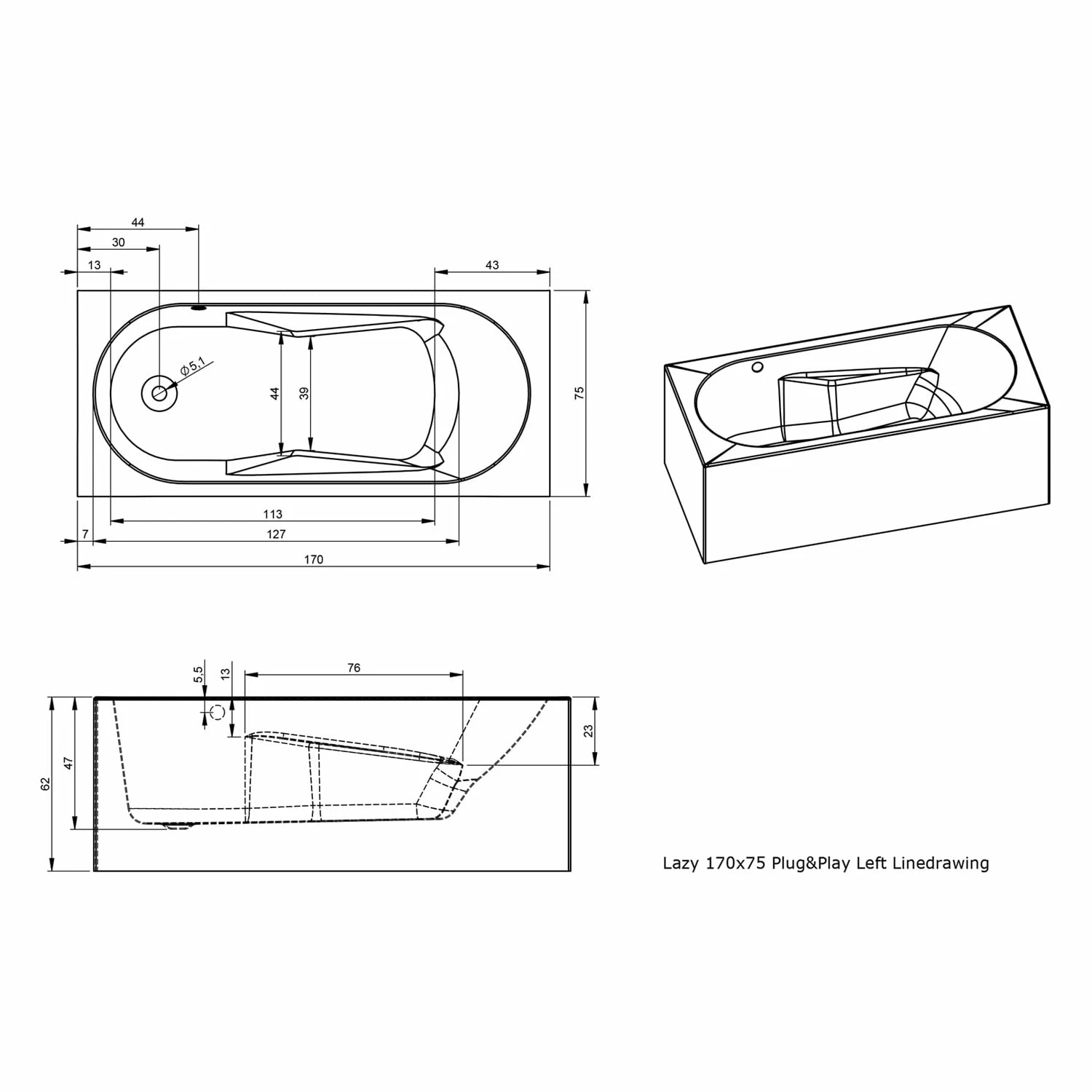 Riho Lazy Rechteck-Badewanne 170 X 75 Cm, Plug & Play, Links 4 Riho Lazy Rechteck-Badewanne 170 X 75 Cm, Plug & Play, Links – Bild 2